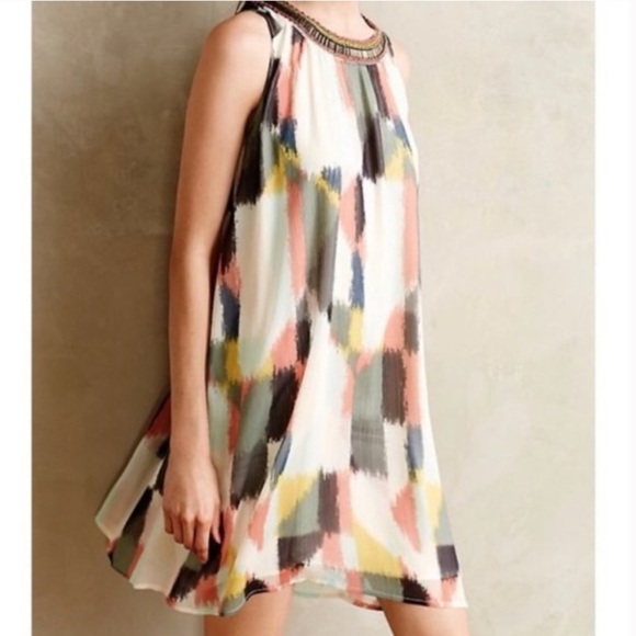 HD in Paris Dresses & Skirts - HD in PARIS Anthropologie Cream Brush/Watercolor Chiffon Jeweled Dress 8